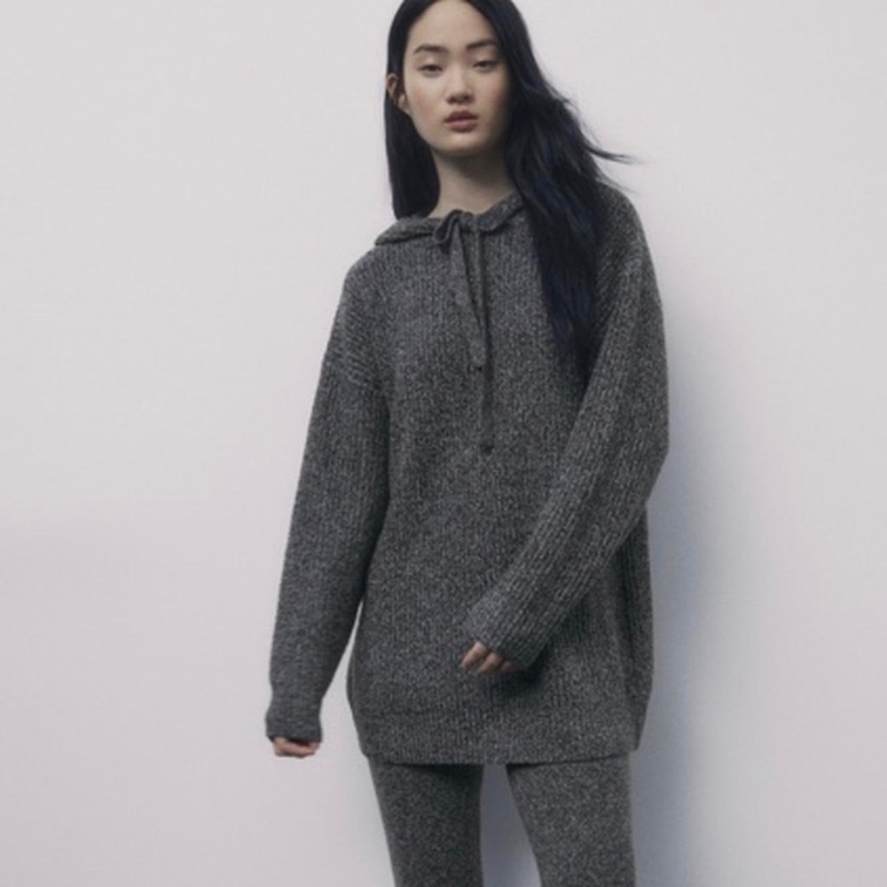 ZARA Black Charcoal Grey Knit Sweater w Hood Hoodie Top